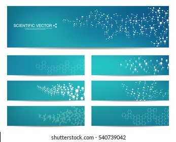 Set of modern scientific banners. Molecule structure of DNA and neurons. Abstract background. Medicine, science, technology, business and website templates. Scalable vector graphics.