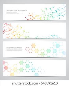 Set von modernen wissenschaftlichen Bannern. Molekulare Struktur von DNA und Neuronen.Abstrakter Hintergrund. Vorlagen für Medizin, Wissenschaft, Technologie, Wirtschaft und Website. Skalierbare Vektorgrafiken.