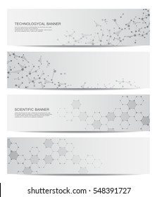 Set of modern scientific banners. Molecule structure of DNA and neurons. Abstract background. Medicine, science, technology, business and website templates. Scalable vector graphics.