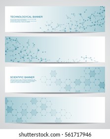 Set of modern scientific banners. Molecule structure of DNA and neurons. Abstract background. Medicine, science, technology, business and website templates. Scalable vector graphics.