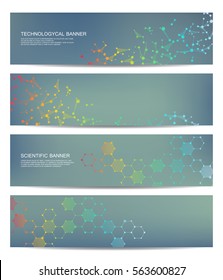Set of modern scientific banners. Molecule structure of DNA and neurons. Abstract background. Medicine, science, technology, business and website templates. Vector illustration
