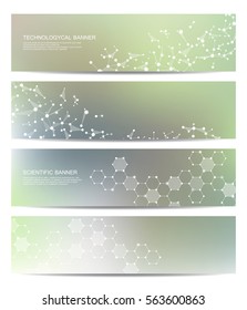 Set of modern scientific banners. Molecule structure of DNA and neurons. Abstract background. Medicine, science, technology, business and website templates. Scalable vector graphics.