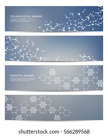 Set of modern scientific banners. Molecule structure of DNA and neurons. Abstract background. Medicine, science, technology, business and website templates. Scalable vector graphics.