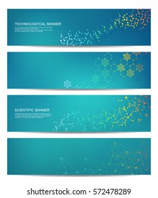 Set of modern scientific banners. Molecule structure of DNA and neurons. Abstract background. Medicine, science, technology, business and website templates. Scalable vector graphics.