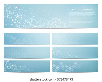 Set of modern scientific banners. Molecule structure of DNA and neurons. Abstract background. Medicine, science, technology, business and website templates. Scalable vector graphics.