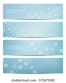 Set of modern scientific banners. Molecule structure of DNA and neurons. Abstract background. Medicine, science, technology, business and website templates. Vector illustration