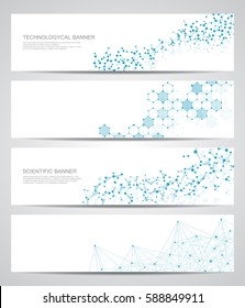 Set of modern scientific banners. Molecule structure of DNA and neurons. Geometric abstract background. Medicine, science, technology, business and website templates. Scalable vector graphics.