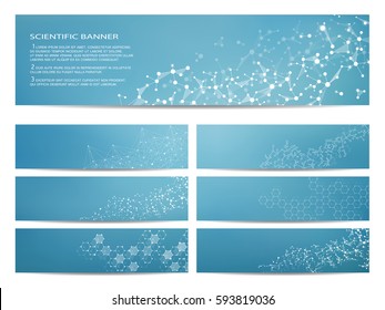 Set of modern scientific banners. Molecule structure of DNA and neurons. Geometric abstract background. Medicine, science, technology, business and website templates. Scalable vector graphics.