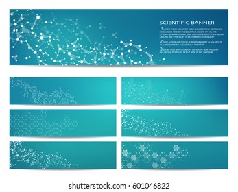 Set of modern scientific banners. Molecule structure of DNA and neurons. Geometric abstract background. Medicine, science, technology, business and website templates. Scalable vector graphics.