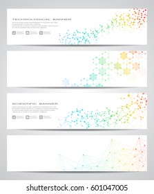 Set of modern scientific banners. Molecule structure of DNA and neurons. Geometric abstract background. Medicine, science, technology, business and website templates. Scalable vector graphics.