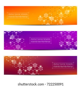 Set of modern scientific banners. Molecule structure of DNA and neurons. Geometric abstract background. Medicine, science, technology, business and website templates. Scalable vector graphics