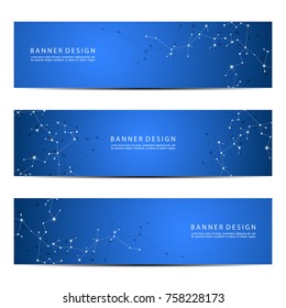Set of modern scientific banners. Molecule structure of DNA and neurons. Geometric abstract background. Medicine, science, technology, business and website templates. Scalable vector graphics