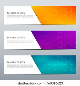 Set of modern scientific banners. Molecule structure of DNA and neurons. Geometric abstract background. Medicine, science, technology, business and website templates. Scalable vector graphics