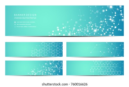 Set of modern scientific banners. Molecule structure of DNA and neurons. Geometric abstract background. Medicine, science, technology, business and website templates. Scalable vector graphics