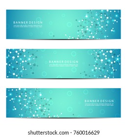 Set of modern scientific banners. Molecule structure of DNA and neurons. Geometric abstract background. Medicine, science, technology, business and website templates. Scalable vector graphics