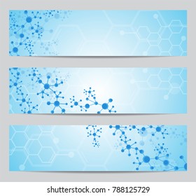 Set of modern scientific banners. Molecule structure of DNA and neurons. Abstract background. 