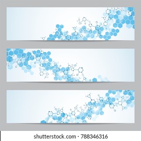 Set of modern scientific banners. Molecule structure of DNA and neurons. Abstract background. 