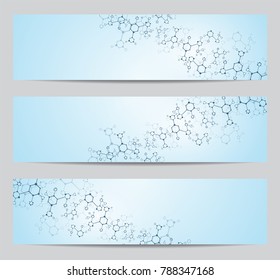 Set of modern scientific banners. Molecule structure of DNA and neurons. Abstract background. 