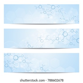 Set of modern scientific banners. Molecule structure of DNA and neurons. Abstract background. 