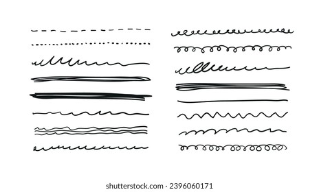 Set of modern scribbles, swirls, waves, strikeouts. Collection of linear elements for design. Hand drawn vector illustration isolated on white background.