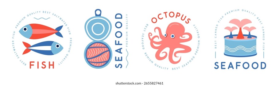 Conjunto de logotipo moderno de frutos do mar, rótulo ou emblema com peixe, peixe vermelho enlatado e polvo. Ilustração vetorial
