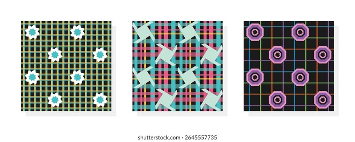 Conjunto de motivos modernos de geometria contínua em padrões de cheques. Conceito moderno para impressões mistas padrão vetorial ideias para papel de parede, laminados, embrulho de presente, têxtil, banner, modelo, cartaz, cartões postais.