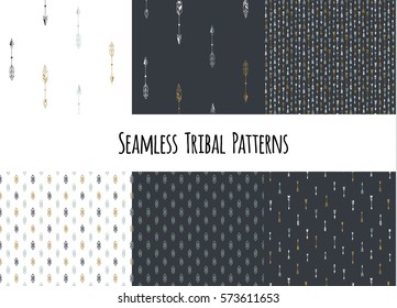 Set of modern seamless hand drawn geometric tribal patterns. Vector navajo design.