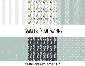 Set of modern seamless hand drawn geometric tribal patterns. Vector navajo design.