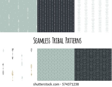 Set of modern seamless hand drawn geometric tribal patterns. Vector navajo design.