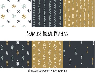 Set of modern seamless hand drawn geometric tribal patterns. Vector navajo design.