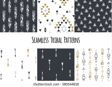 Set of modern seamless hand drawn geometric tribal patterns. Vector navajo design.