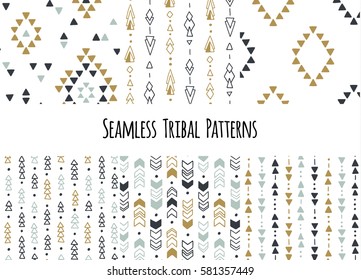 Set of modern seamless hand drawn geometric tribal patterns. Vector navajo design.