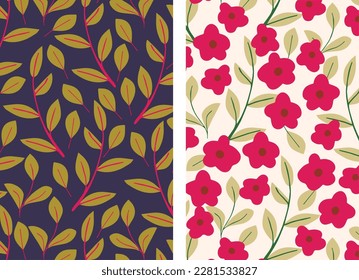 Set of modern seamless pattern with fancy red flowers and greenery on a dark background. Fashion doodle hand drawn texture in vector. Ideal for fabric wallpapers, gift wrapping and scrapbooking