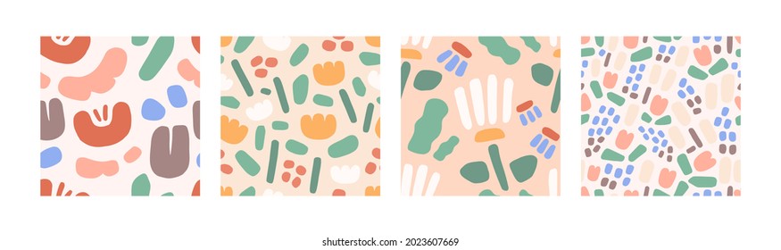 Conjunto de patrones modernos y sin fisuras, con formas geométricas abstractas y flores. Diseños de fondo repitiendo simples. Dibujo de doodle floral para decoración e impresión. Ilustraciones coloridas de vectores planos