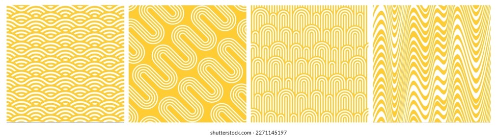 Set of Modern Seamless Patterns in Asian Japan and Chinese Style. Illustration of Pasta and Noodles. Vector Food Backgrounds with Yellow and White Waves.