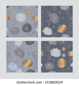 Decoración moderna y sin costuras, con flores primaverales grises y doradas. Fondo floral gris para textil, fabricación de tejidos, papel pintado, cubiertas, superficie, impresión, envoltura de regalo, scrapbooking. Vector.