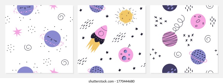 A set of modern seamless patterns. Seamless space pattern. Planets, rockets, stars, doodles. Vector illustration, children's textiles