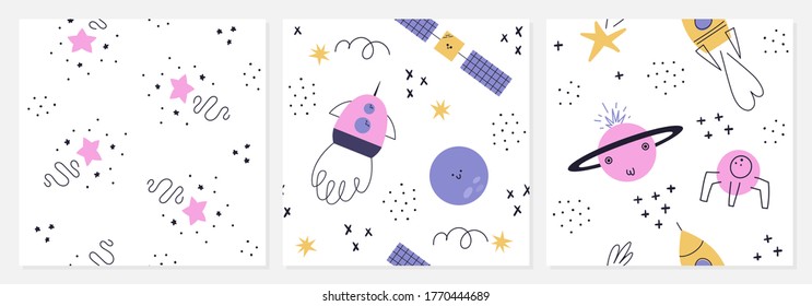 A set of modern seamless patterns. Seamless space pattern. Planets, rockets, stars, doodles. Vector illustration, children's textiles