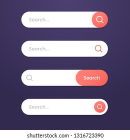 Set of modern search bar with rounded corners and shadows in flat material style. Search button design with magnifier icon. Element of interface for web page or mobile application. Vector eps 10.