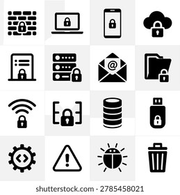 Set of modern security and technology icons featuring locks with various devices and symbols for digital protection