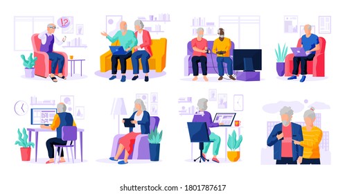 Set of modern senior people with different gadgets. Oldster education on computer. Old progressive people use modern technology. Learning to use PC. Elderly couple with gadgets. Vector illustration. - Shutterstock ID 1801787617