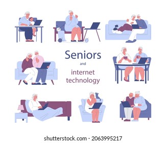 Set of modern seniors with laptop. Internet technologies for the elderly people. Vector illustration in flat style.