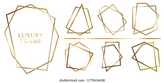 Set of modern shiny golden polygonal shapes on white background. Collection of lines gold geometric frames. You can use for design projects, advertisements, wedding invitations, cards or templates