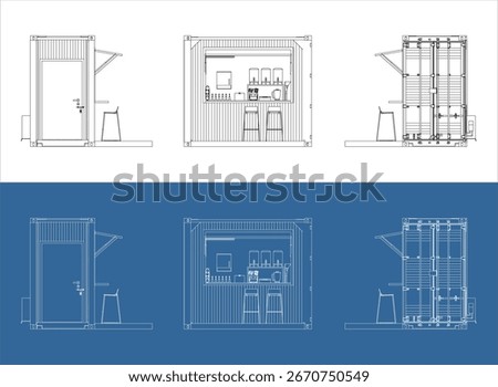 Set of a Modern Shipping Container Kiosk or Concession Stand, with Various Orthographic Views for Architectural and Technical Concepts. Detailed Blueprint and Line Drawing