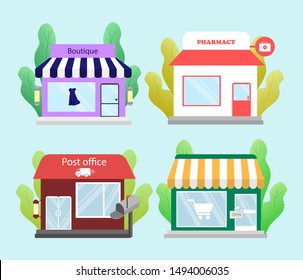 Set of modern shops and buildings in a flat style. Boutique, pharmacy, minimarket and post office.