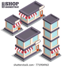 A set of modern shops. Isometric. Vector illustration.