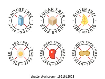 Set of modern simple food icons, lactose free, sugar free, nuts  egg  meat  gluten free isolated on white