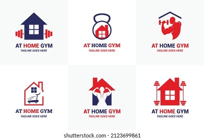 Set Of Modern Simple Gym House Logos. At Home Gym Simple Flat Logo Template Set Vector.