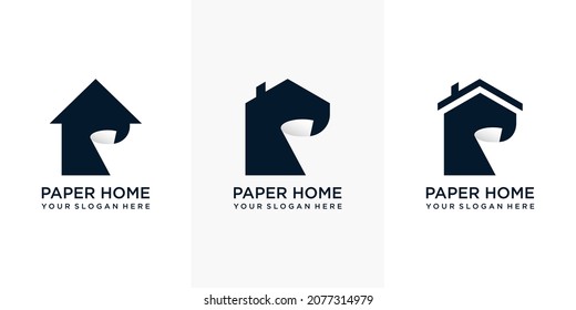 Set Of Modern Simple Home Paper Logo Designs With Business Card.coat Of Arms Of A Paper Mill.the Apple As A Roll Of Paper. Premium Vector