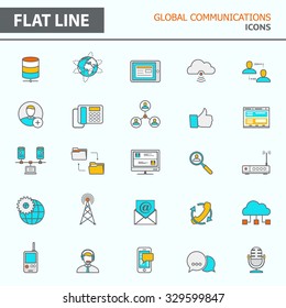 Set of modern simple line icons in flat design. Trendy infographic global communication concept elements for banners, layouts, corporate  brochures, templates and web sites. Vector eps10 illustration